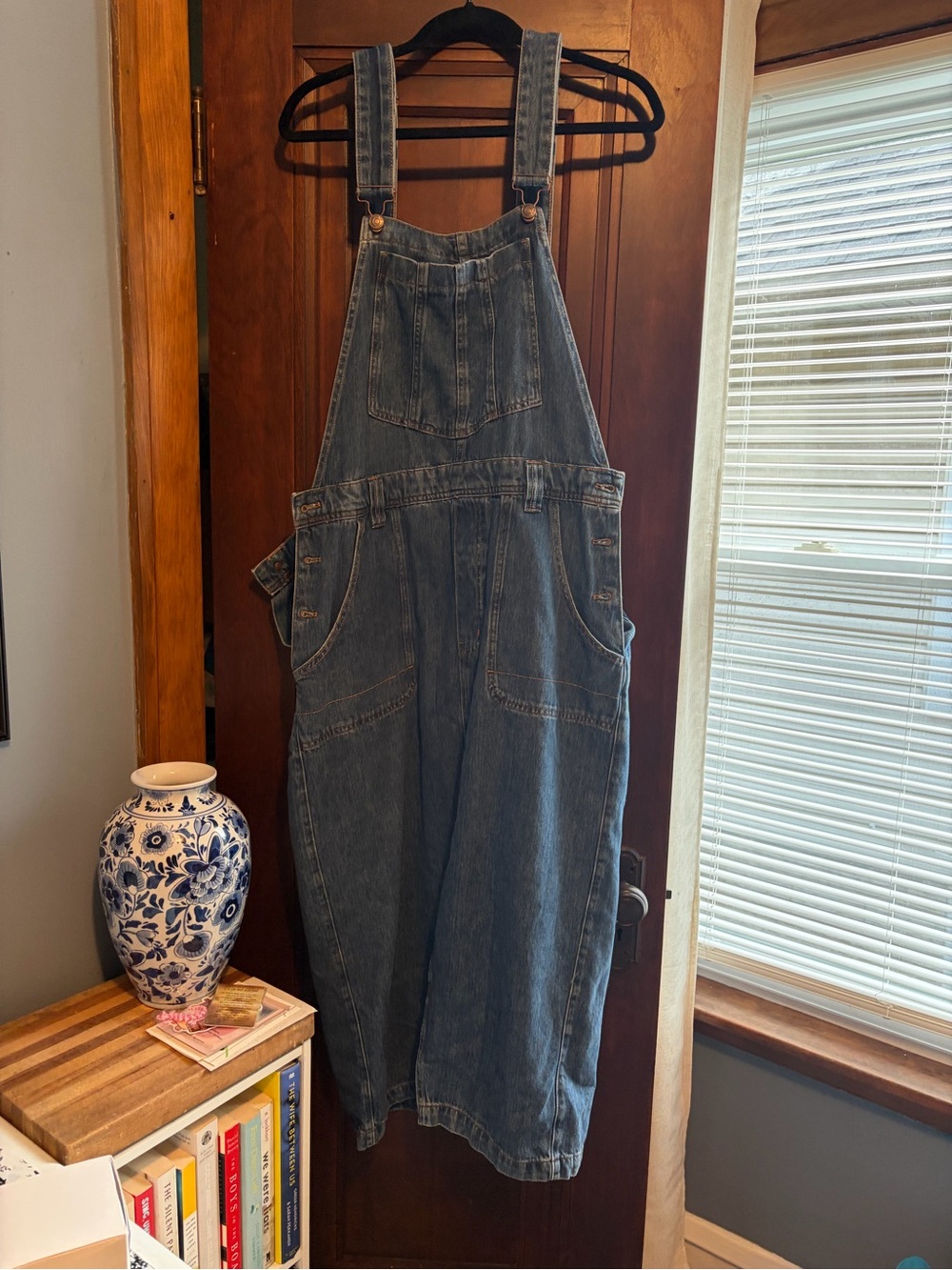Free People Blue Denim Overalls Dress with Contrast Stitching